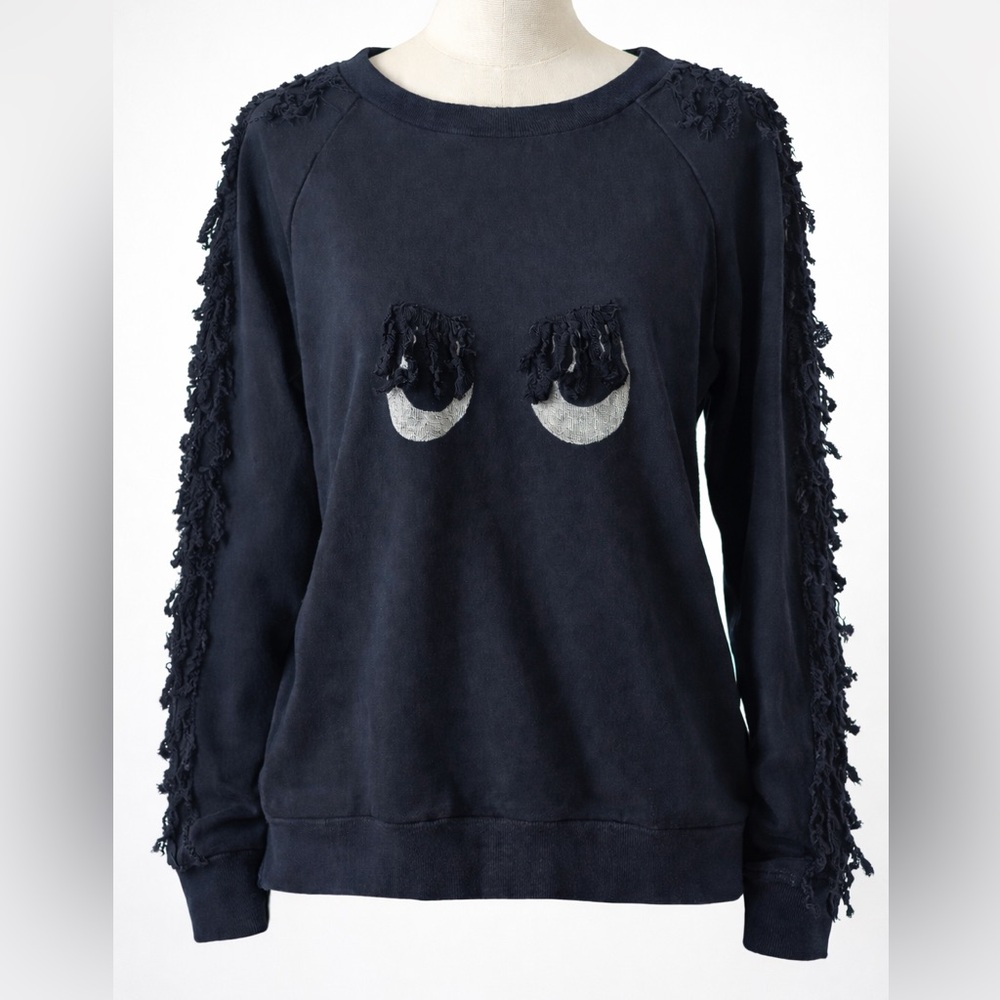 Noé & Zoë Berlin Sweatshirt Small Midnight Blue Frayed Sleeves Eye Graphic NWT